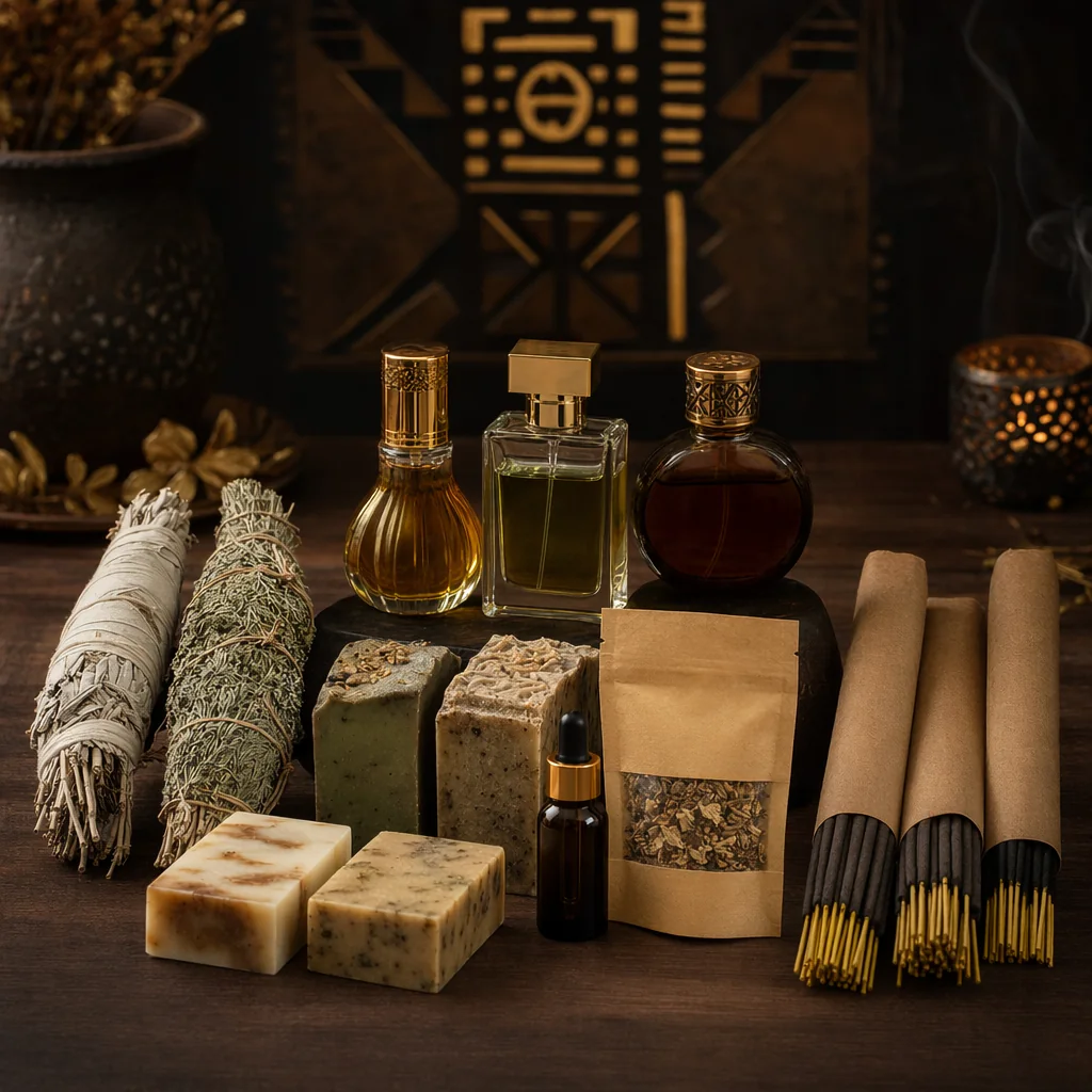 Photo de groupe des produits spirituels : sauges, savons, parfums, encens et huile de protection