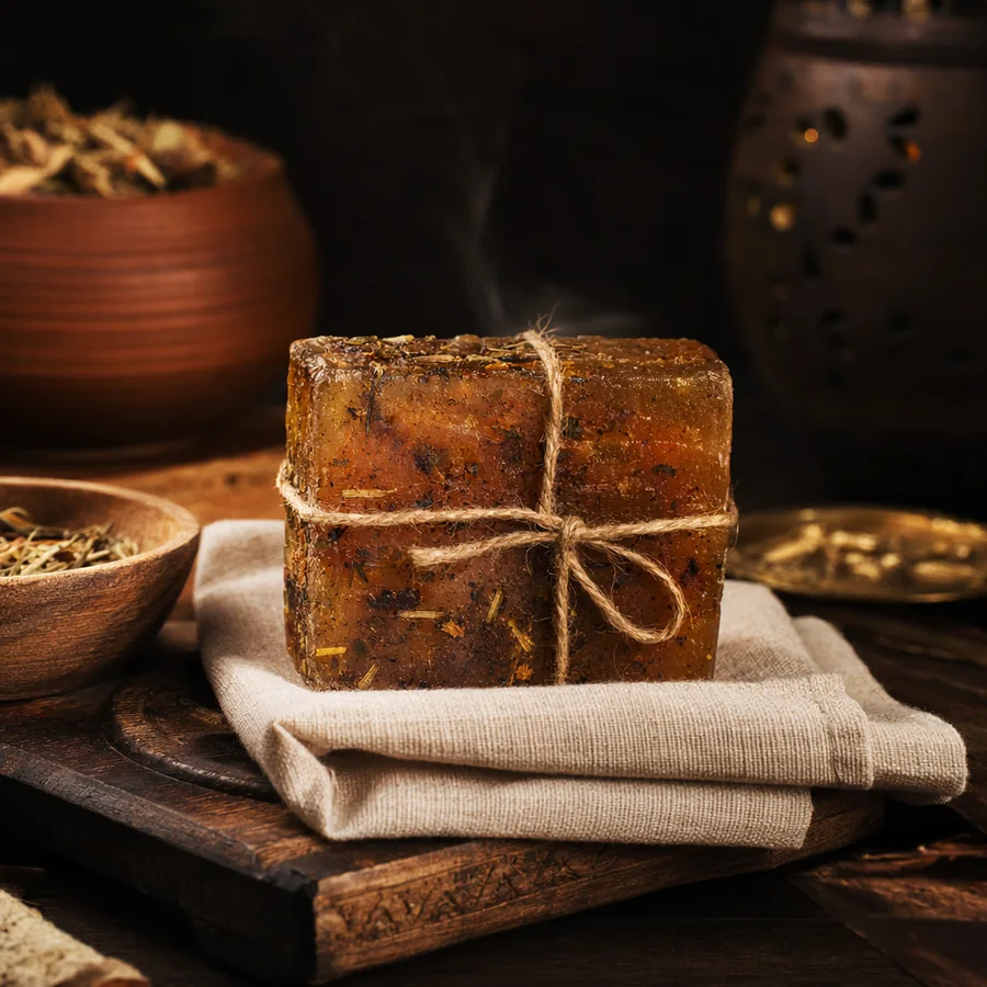 Savon artisanal brun ambré de déblocage posé sur bois sombre