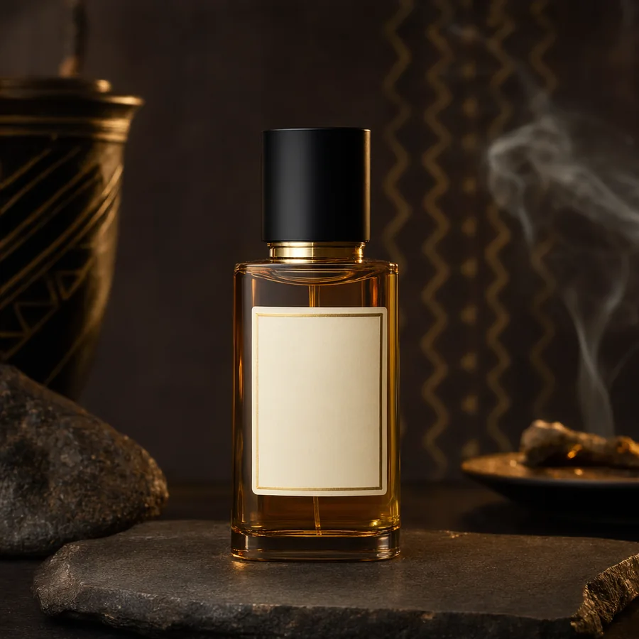Flacon de parfum d’attirance en verre ambré avec liquide doré