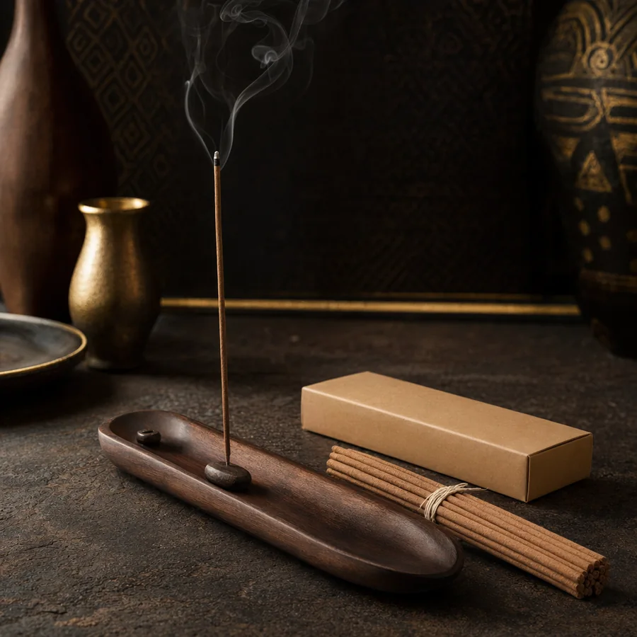 Bâtons d’encens de purification avec légère fumée sur bois sombre