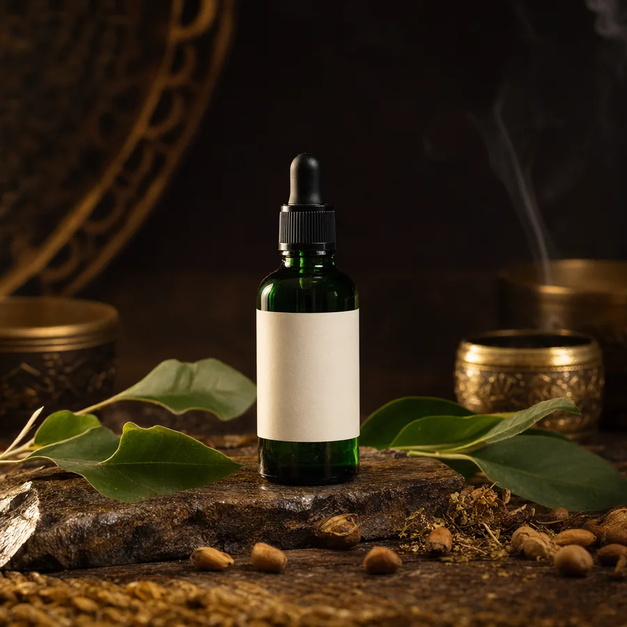 Flacon compte-gouttes d’huile spirituelle de protection en verre vert profond