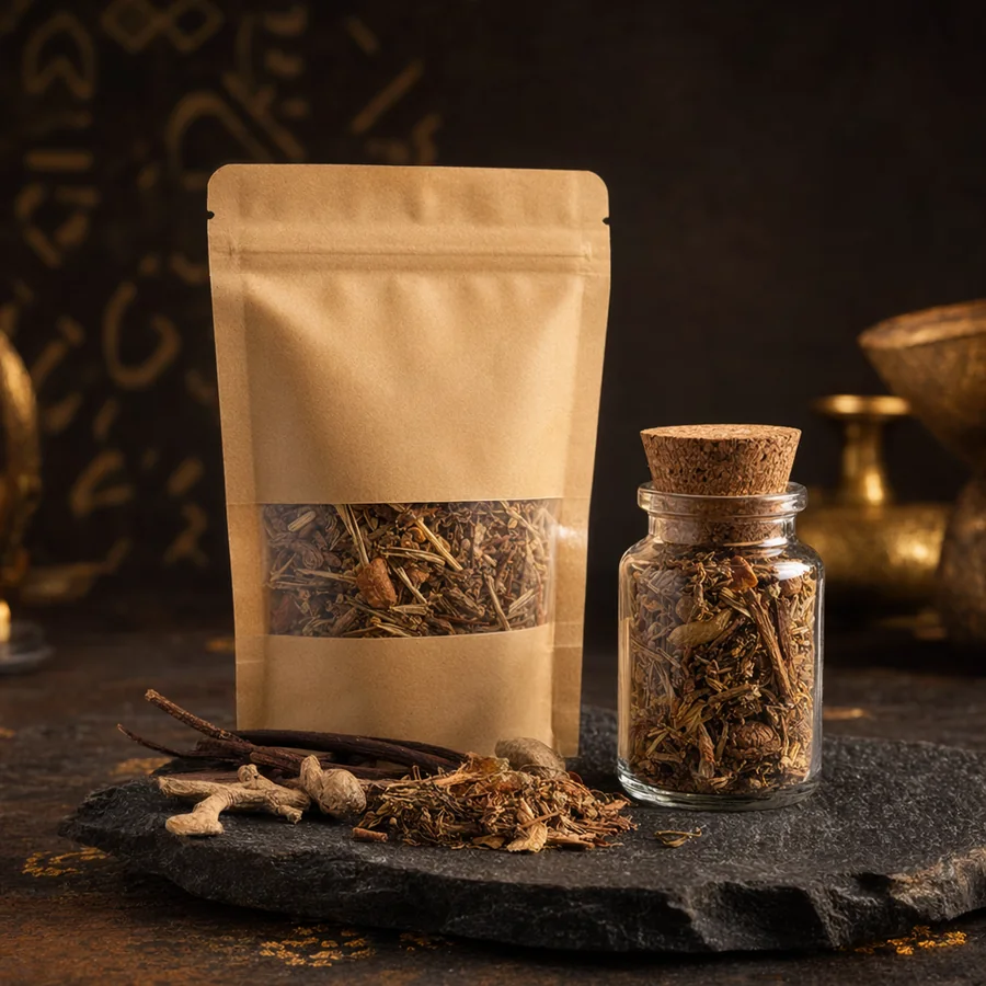 Pochette kraft et pot d’herbes sèches pour recette traditionnelle de vitalité masculine